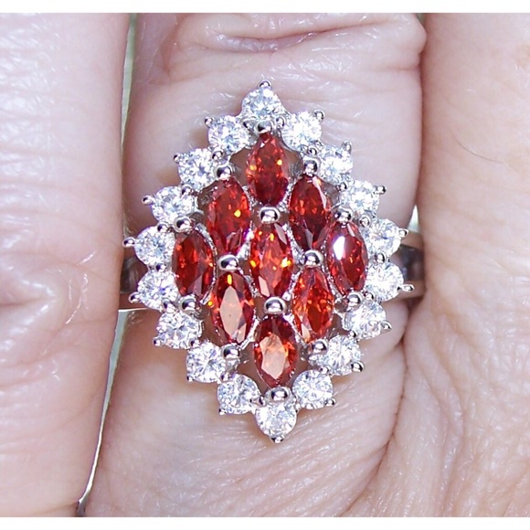 925 STERLING SILVER Simulated Garnet Cubic Zirconia Marquise Ring - Picture 4 of 16